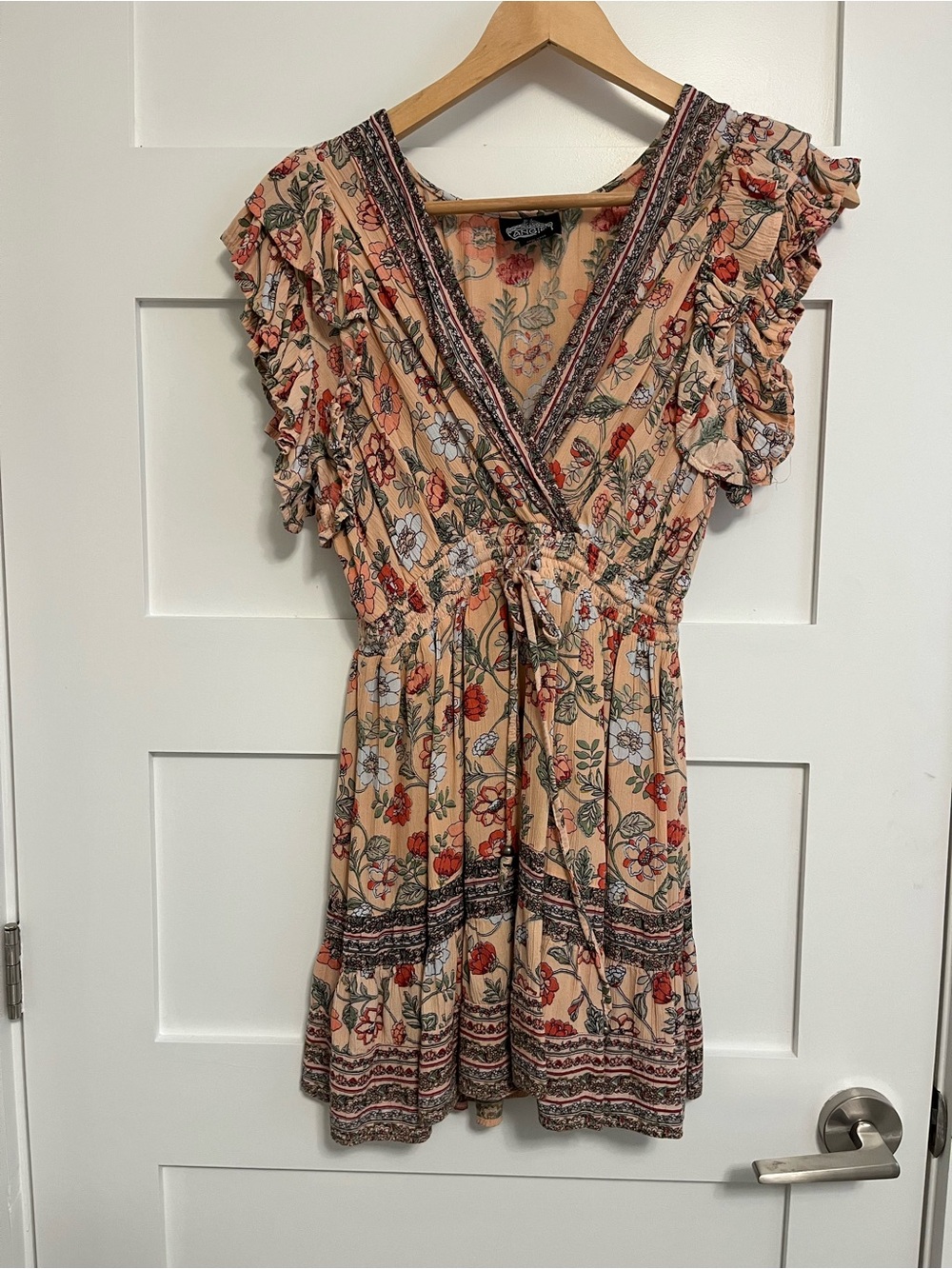 Angie Peach Floral V-Neck Ruffle Mini Dress